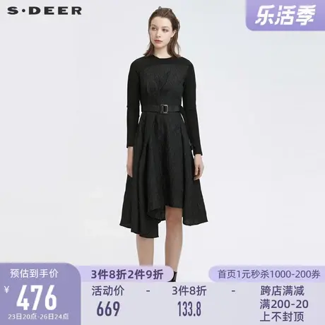 sdeer圣迪奥2022春季新款圆领肌理收腰不规则长袖连衣裙S22161211图片