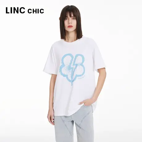 LINCCHIC金羽杰短袖T恤女圆领廓形感印花大T恤女上衣S241TS033Y图片