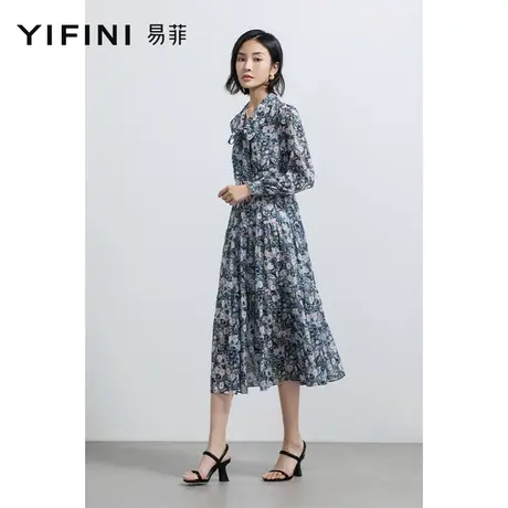 Yifini/易菲印花收腰中长款连衣裙女2023春秋温柔飘带复古优雅商品大图