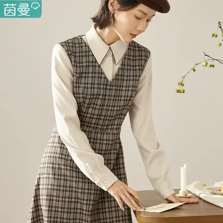 茵曼官方旗舰店女装假两件连衣裙2023冬季新款加厚长袖衬衫格子裙商品大图