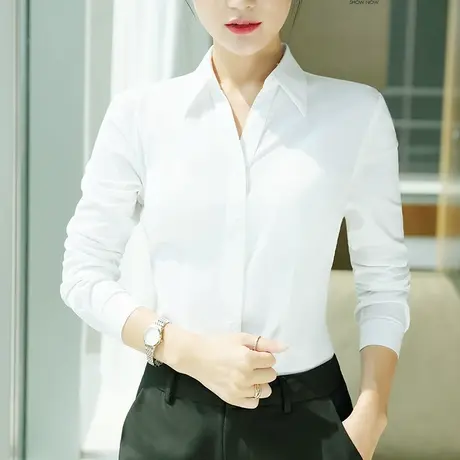 雀后白衬衫女长袖2023夏装新款气质正装工装工作服V领职业衬衣商品大图