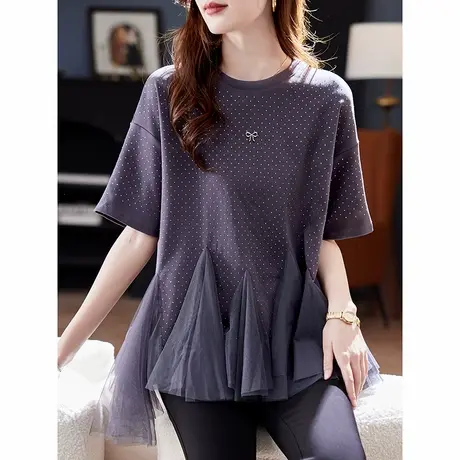 宝诗黎网纱烫钻拼接短袖T恤2025春季时尚洋气设计感棉质休闲女装商品大图