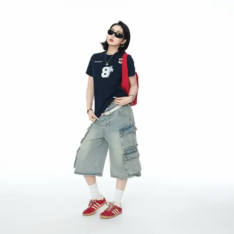 2025夏季新款修身短款正肩短袖T恤女ins潮酷甜辣风印花半袖上衣图片