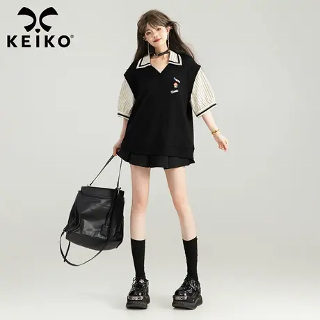 KEIKO 少年感假两件短袖t恤夏季美式复古撞色拼接翻领上衣polo衫图片