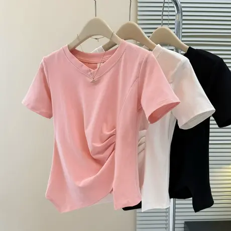 韩系高级感短袖T恤女夏季韩版修身打底衫短款不规则褶皱收腰上衣商品大图