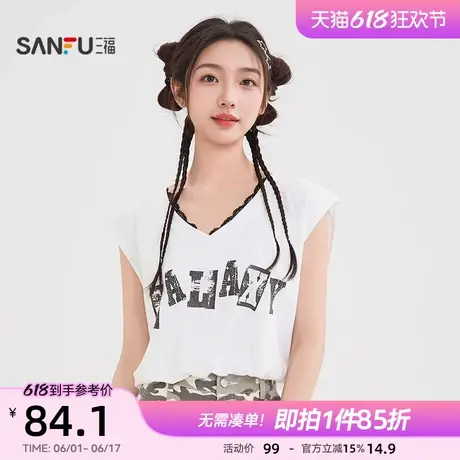 三福短袖女2025新款夏季兜摆蕾丝拼接t恤宽松短款上衣女装502296图片