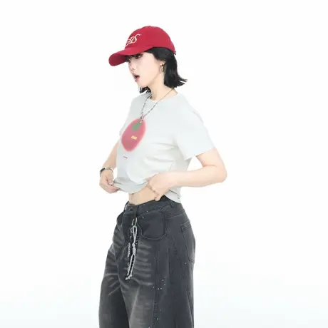 2025夏季新款修身短款正肩卡通印花T恤女甜辣风显瘦休闲半袖上衣图片