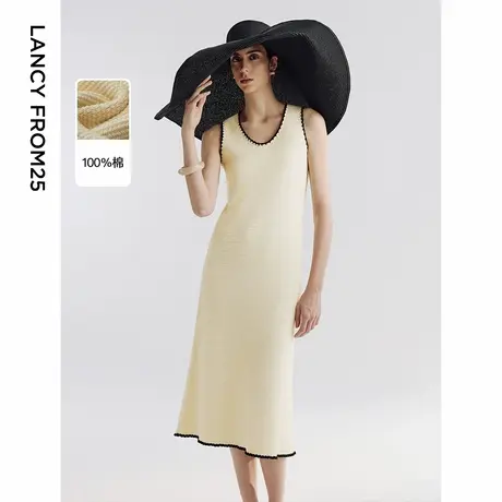 朗姿纯棉无袖收腰a字U型领针织连衣裙2025年夏季新款设计感撞色裙商品大图