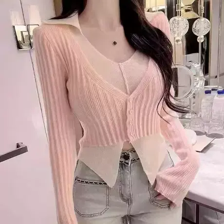 现货 东大门~翻领撞色假两件长袖针织衫上衣011303商品大图