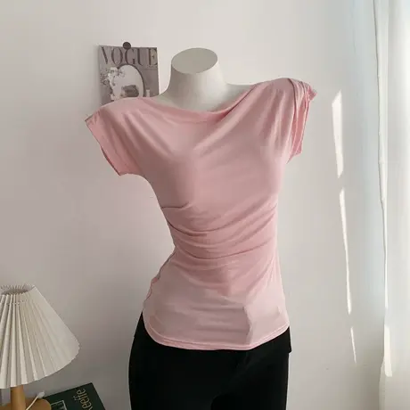2023春夏新款纯欲斜肩不规则褶皱设计感纯色荡领短袖T恤上衣夏女图片