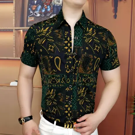 夏天短袖印花衬衫男士高级感冰丝痞帅半袖衬衣轻奢时尚型男装上衣商品大图