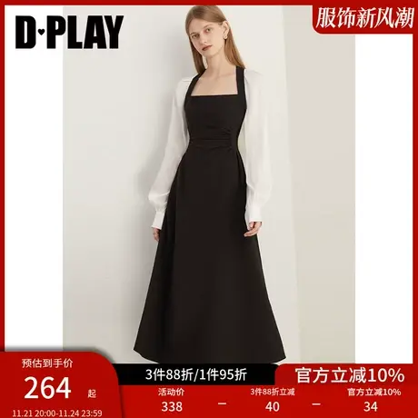 DPLAY新法式气质黑拼白鎏光纱美背捏褶显瘦中长连衣裙小黑裙商品大图