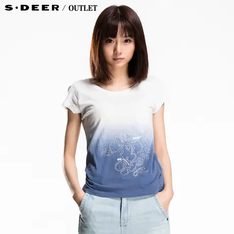 sdeer圣迪奥夏装女车线贴布花渐变吊染短袖T恤2280158图片