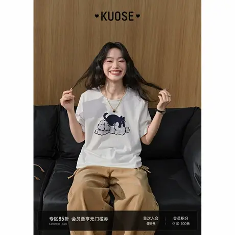 阔色可爱猫猫狗狗印花短袖T恤女2025夏季新款纯棉休闲白色上衣图片