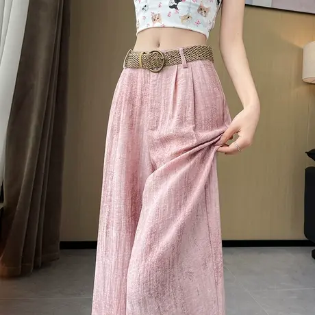 粉色扎染棉麻休闲阔腿裤女2025夏季薄款高腰宽松仿亚麻宽松拖地裤商品大图