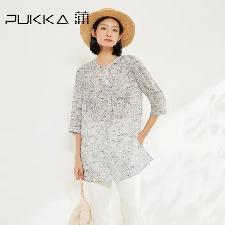 蒲PUKKA 苎麻印花衬衫女2025夏季宽松中长款七分袖文艺通勤上衣商品大图