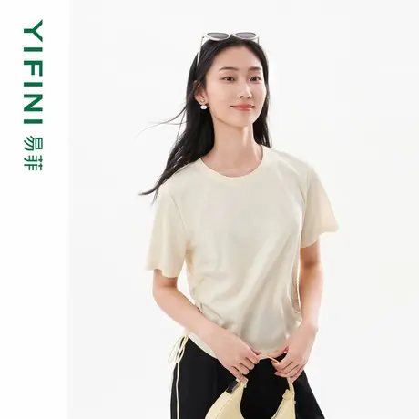 [专柜同款]Yifini/易菲圆领宽松短款时尚侧面抽绳百搭T恤女士上衣图片