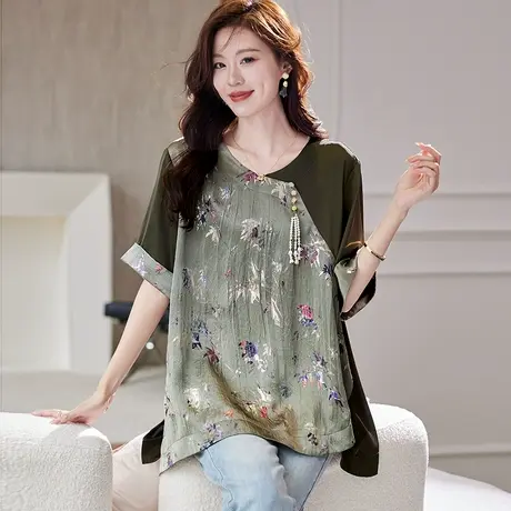 宝诗黎提花拼接短袖雪纺衫女2025夏季气质新中式宽松大码醋酸上衣商品大图