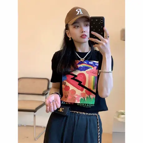 2025夏季新款设计感趣味卡通涂鸦印花短袖T恤图案露腰短款上衣女商品大图