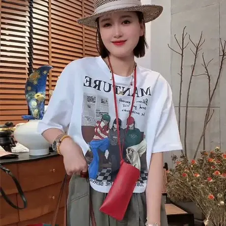 卡通印花白色短袖t恤女2025夏季新款露背蕾丝宽松百搭圆领短上衣图片