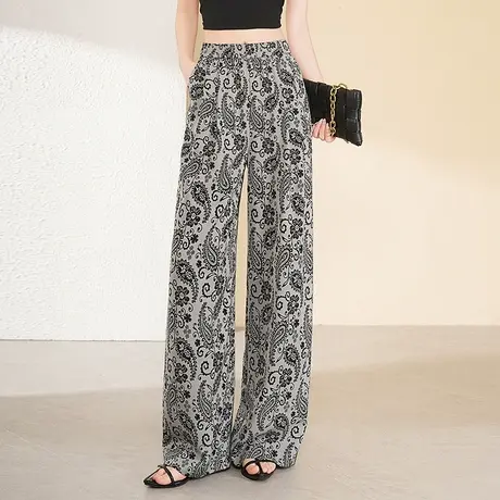 醋酸冰丝印花阔腿裤女夏薄款2025新款松紧腰宽松垂感长裤休闲裤子商品大图