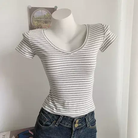 条纹V领正肩纯棉短袖T恤女夏季修身韩版内搭可外穿打底衫短款上衣商品大图