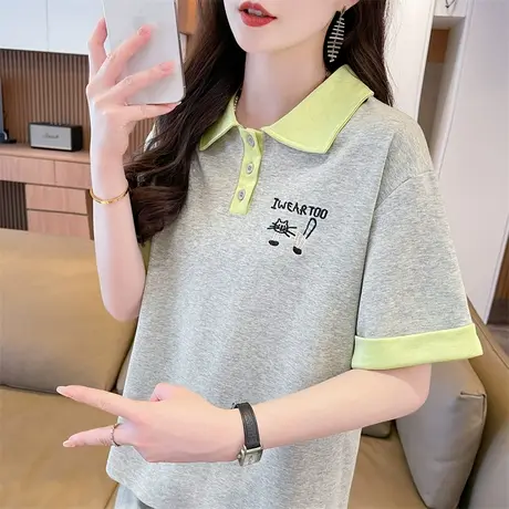 polo领短袖t恤女2025新款夏季韩版宽松设计感小众初中生学生上衣商品大图