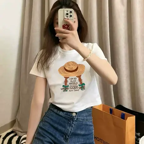 甜妹风小个子短款正肩t恤女2025新款夏季爆款修身显瘦短袖洋气衫商品大图
