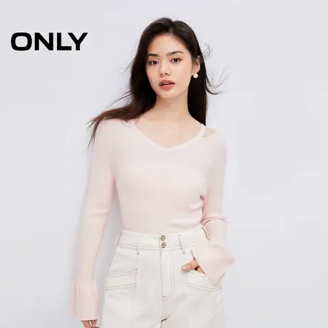 ONLY2025秋季新款甜美柔软V领露肩喇叭袖长袖微落肩纯色针织衫女商品大图