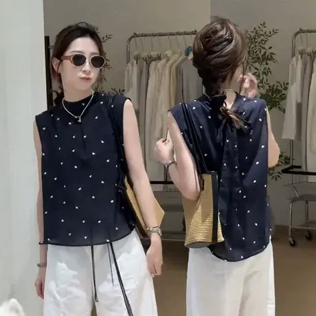 欧洲站夏新款爱心印花圆领无袖衬衫女ins韩版休闲显瘦背心上衣潮图片