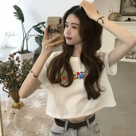 美式辣妹白色正肩短袖t恤女2025新款夏季修身显瘦卡通短款上衣ins商品大图