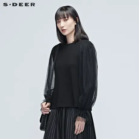 sdeer圣迪奥春秋甜美网纱拼接泡泡袖宽松黑色T恤卫衣女S20380223🤸商品大图