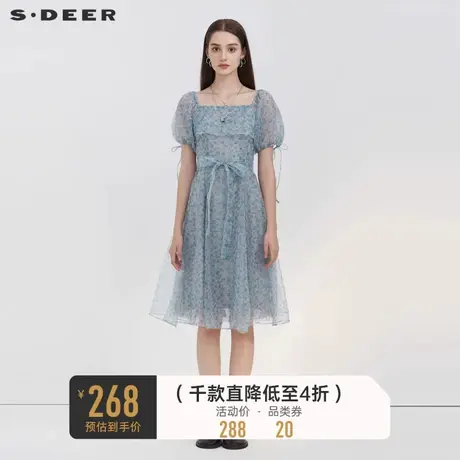 sdeer圣迪奥碎花长裙方领收腰泡泡袖茶歇连衣裙S223Z122L商品大图