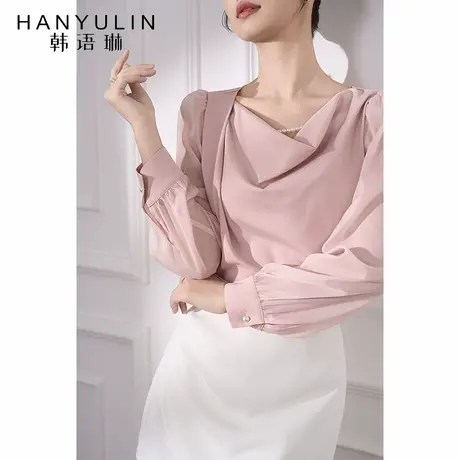 韩语琳 粉色荡领衬衫女高级感轻奢减龄洋气2025新款夏季长袖上衣商品大图