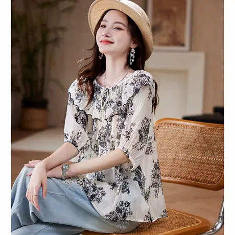 宝诗黎【新品价158元】松紧领印花镂空衬衫CCB2046商品大图