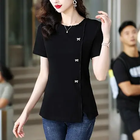 欧货棉短袖t恤女2025新款夏装显瘦上衣胖mm大码洋气别致年轻妈妈图片