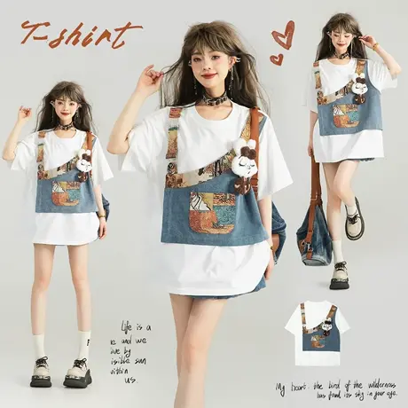 KEIKO 少年感牛仔拼接假两件t恤女夏季童趣鬼马宽松白色短袖上衣图片