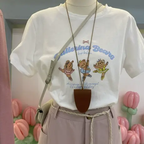 2025夏装新款韩版套头圆领小熊跳舞印花凉感雪花棉短袖T恤女上衣商品大图