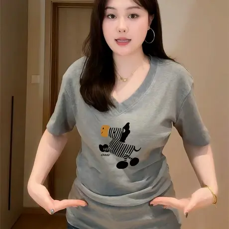 夏季V领T恤女大码短袖美式高街设计感正肩不撞款独特chic上衣ins商品大图