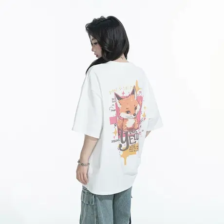 YEP2025新款夏季潮萌狐狸印花T恤女短袖宽松ins学院风半袖上衣图片