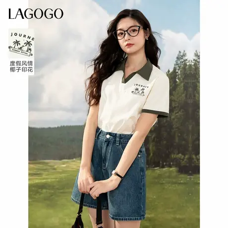 LAGOGO美式度假休闲T恤女拉谷谷2025夏新款撞色翻领趣味印花上衣图片