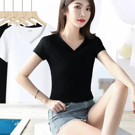黑色短款v领t恤女夏季新款纯棉短袖百搭修身高腰小个子打底衫上衣商品大图