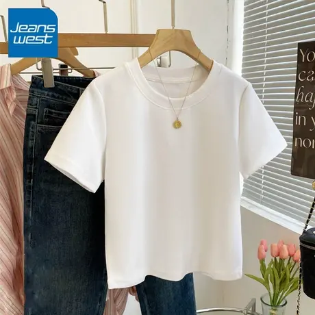 KV真维斯白色正肩短袖女2025年夏季新款时尚休闲圆领纯棉t恤上衣图片
