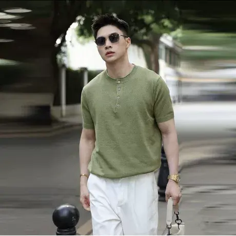 2025新款夏季潮牌亨利领短袖纯色时尚简约休闲老钱风半袖T恤上衣图片