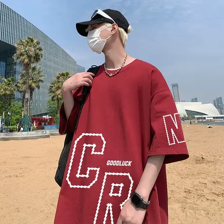 短袖T恤男夏季2025新款圆领宽松男生体恤衫潮牌运动情侣休闲半袖商品大图