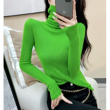 欧洲站2021秋冬新款绿色针织打底衫女内搭紧身显瘦高领羊毛毛衣潮商品大图