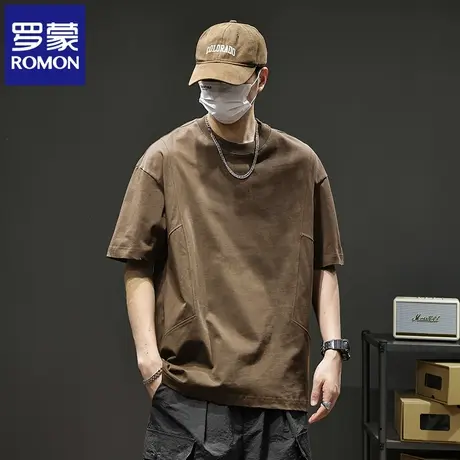 罗蒙2025夏季新款拼接纯棉男士T恤衫宽松时尚圆领潮流短袖上衣N1Z商品大图