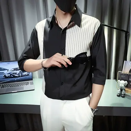 七分中袖衬衫男士ins帅气潮牌港风潮流衬衣夏季撞色冰丝半袖上衣图片