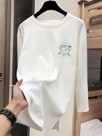 白色中长款内搭打底衫女秋冬季加绒长袖t恤遮肚子遮胯宽松上衣服商品大图