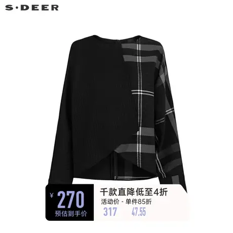sdeer圣迪奥女装V领格纹拼接毛呢短款外套S234Z2236图片